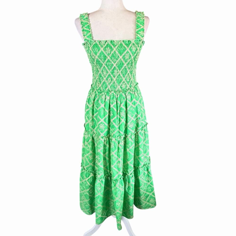 Ultramarine Tiered Maxi Dress M Green Embroidered Eyelet Bohemian Boho Hippie